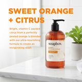 Amber liquid hand soap in clear pump bottle with black pump dispenser and white label, displayed on marble countertop.
