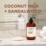Amber glass pump bottle of Soapbox Coconut Milk + Sandalwood hand soap on marble bathroom counter with white soap dish and to