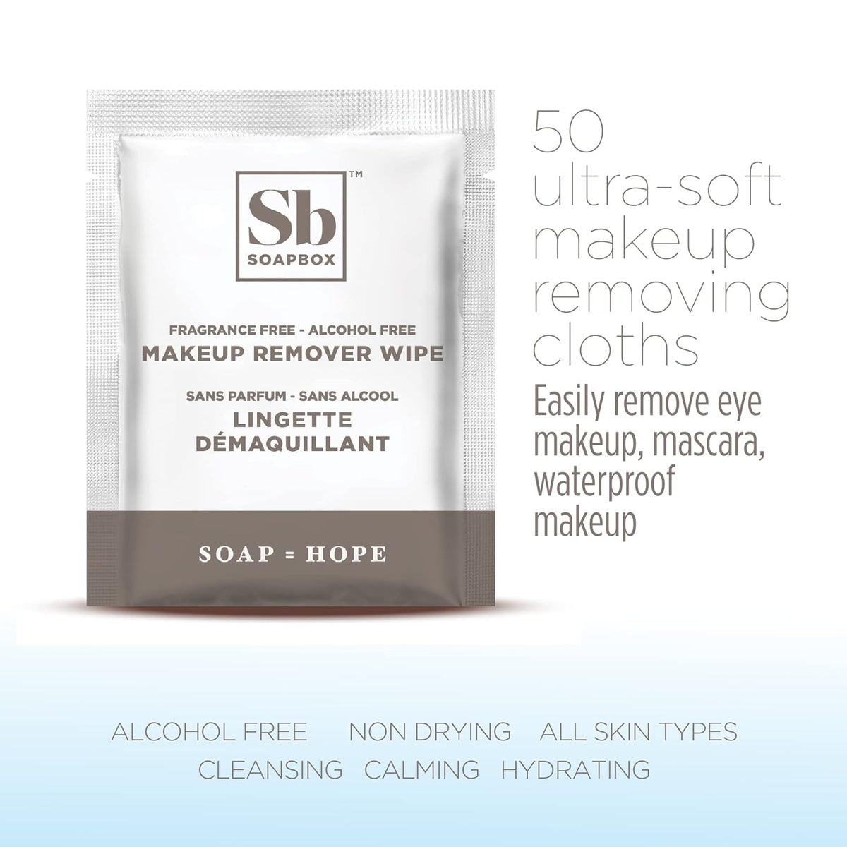 Soapbox fragrance-free and alcohol-free makeup remover wipes packet containing 50 ultra-soft cloths.