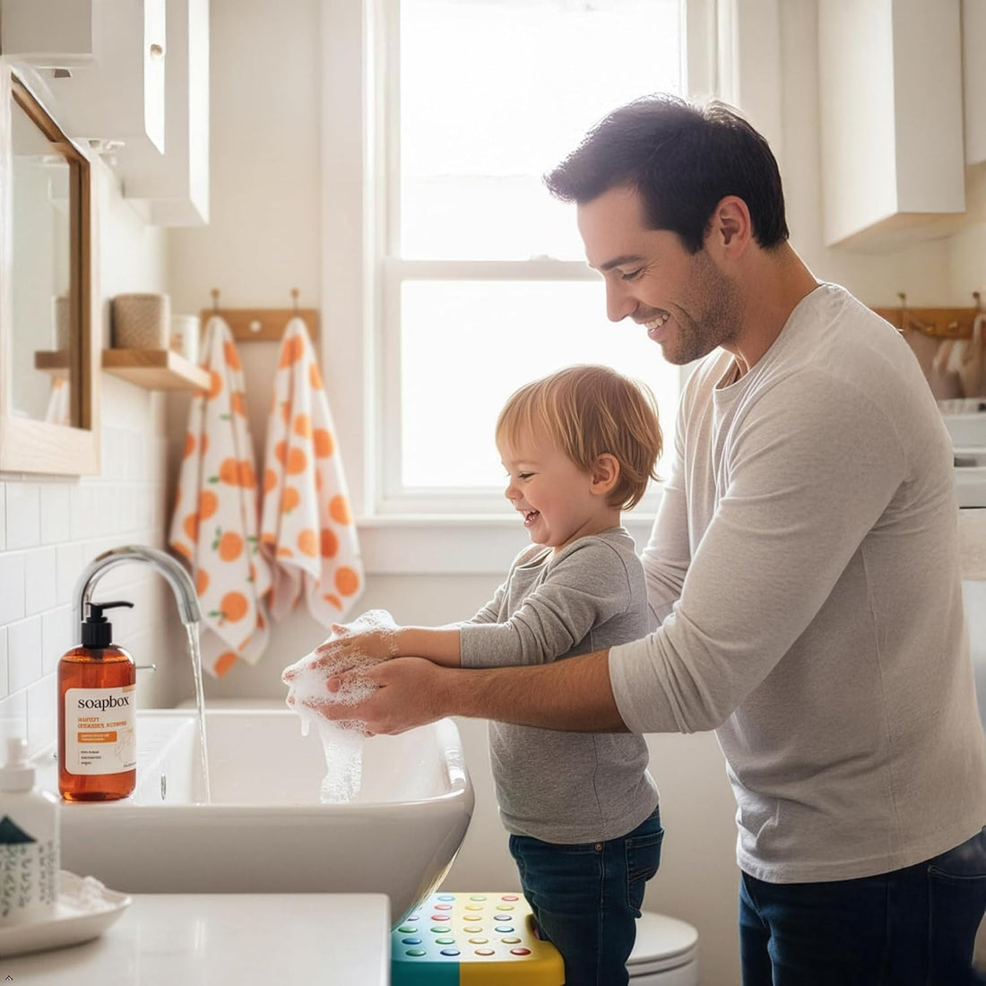 Man and toddler washing hands at sink with orange-labeled liquid hand soap dispenser nearby.