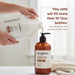 Hand pouring clear liquid from white refill container into amber glass pump bottle labeled coconut milk and sandalwood hand s