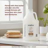 Large white refillable hand soap bottle labeled "Coconut Milk + Sandalwood" displayed with natural bristle brush and potted p