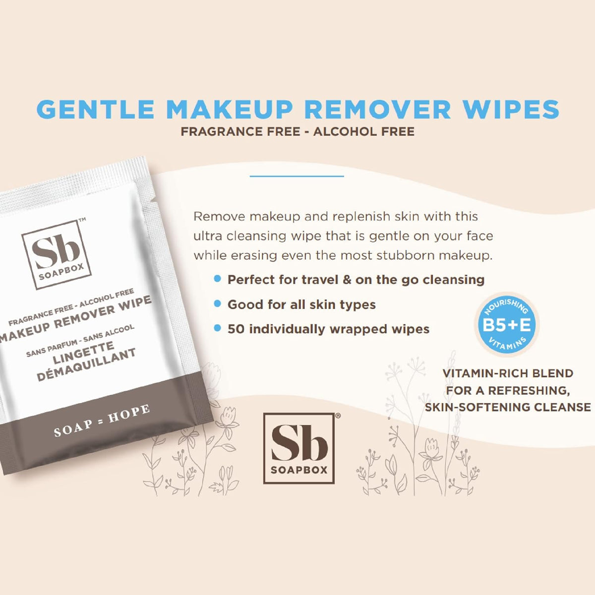 Soapbox fragrance-free makeup remover wipes package with white individually wrapped wipes and product information displayed.