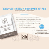 Soapbox fragrance-free makeup remover wipes package with white individually wrapped wipes and product information displayed.