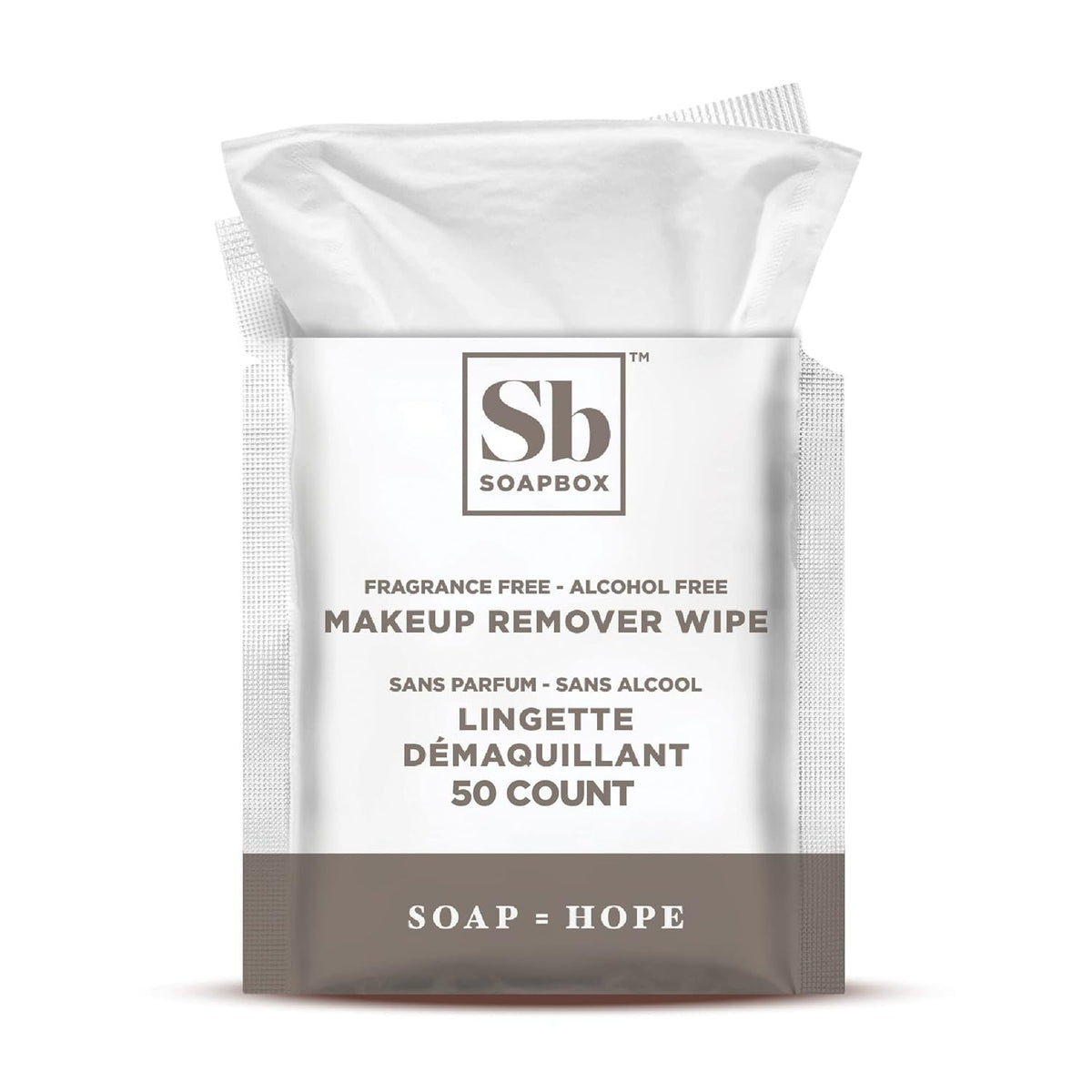 White package of Soapbox fragrance-free makeup remover wipes with gray and brown labeling and dispensing opening at top.