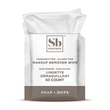 White package of Soapbox fragrance-free makeup remover wipes with gray and brown labeling and dispensing opening at top.