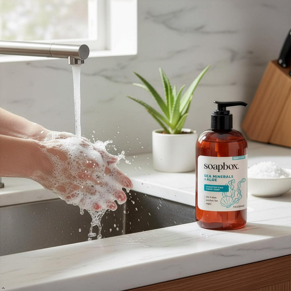 Amber bottle of Soapbox Sea Minerals + Aloe liquid hand soap with black pump dispenser on marble bathroom counter next to sin