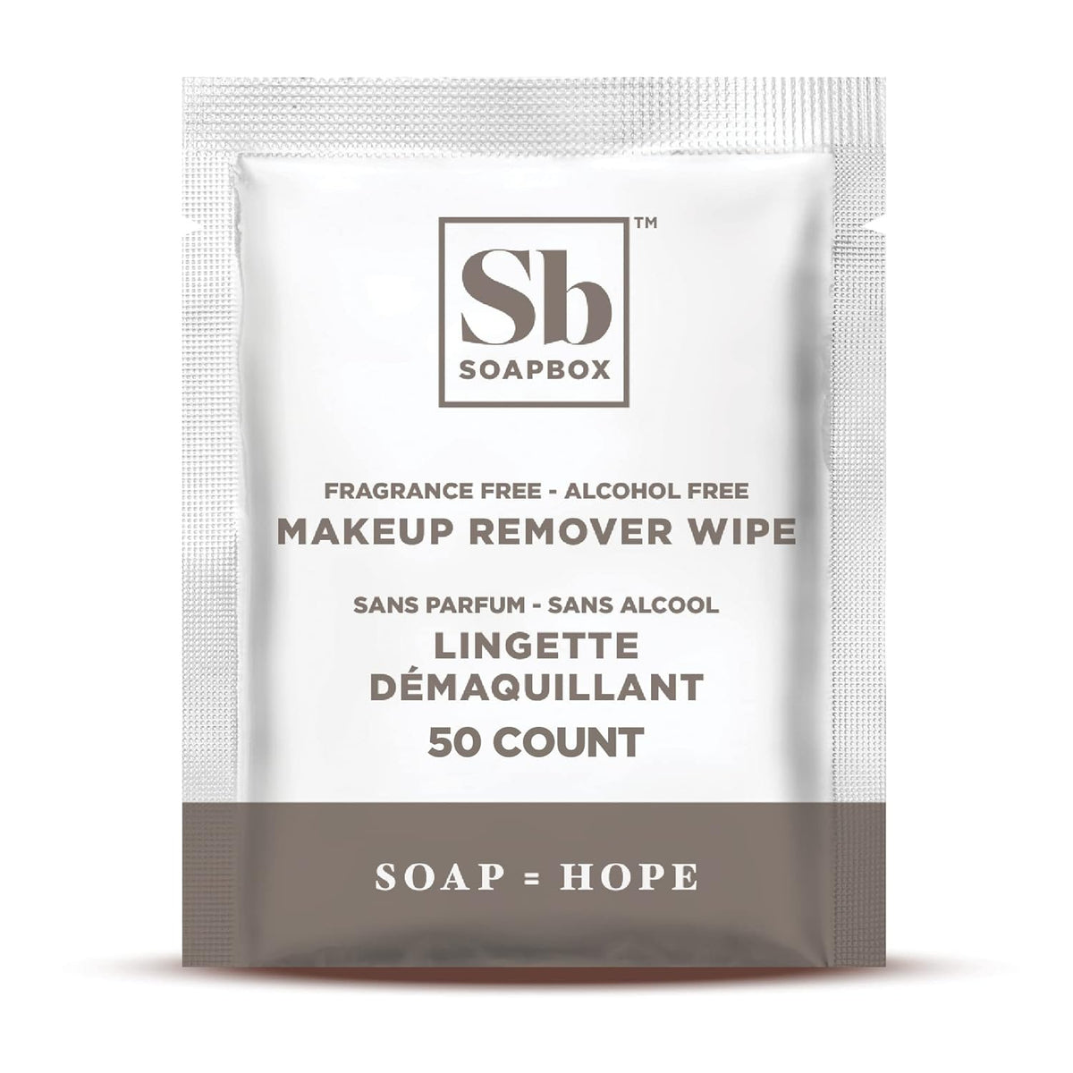 Soapbox brand fragrance-free and alcohol-free makeup remover wipes package with 50 count.