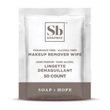 Soapbox brand fragrance-free and alcohol-free makeup remover wipes package with 50 count.