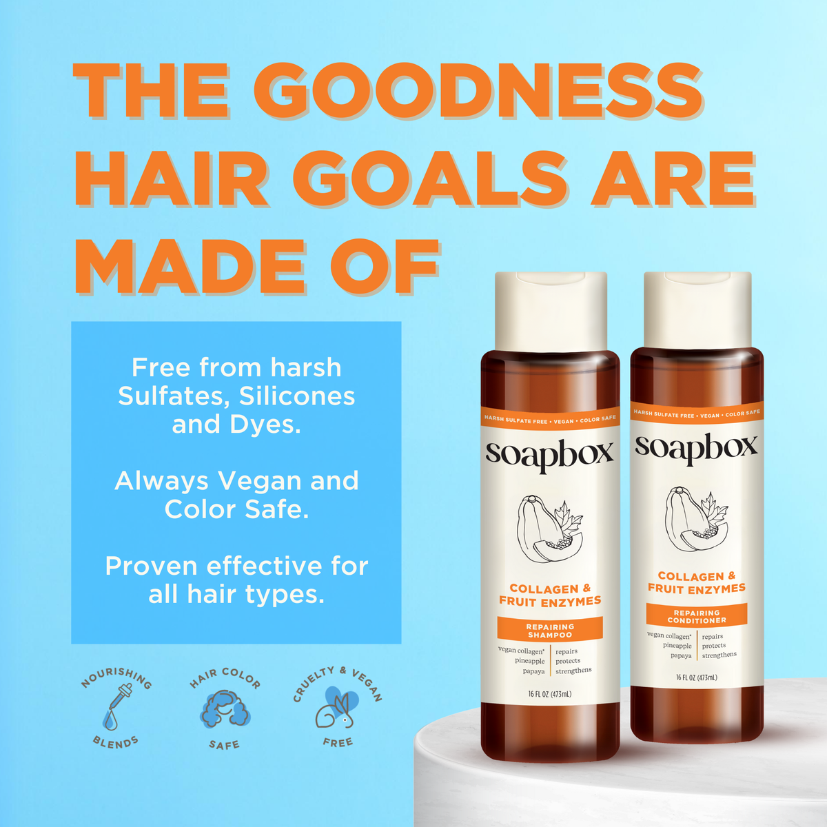 Two bottles of Soapbox Collagen & Fruit Enzymes Repairing Conditioner with white caps and amber liquid on light blue backgrou