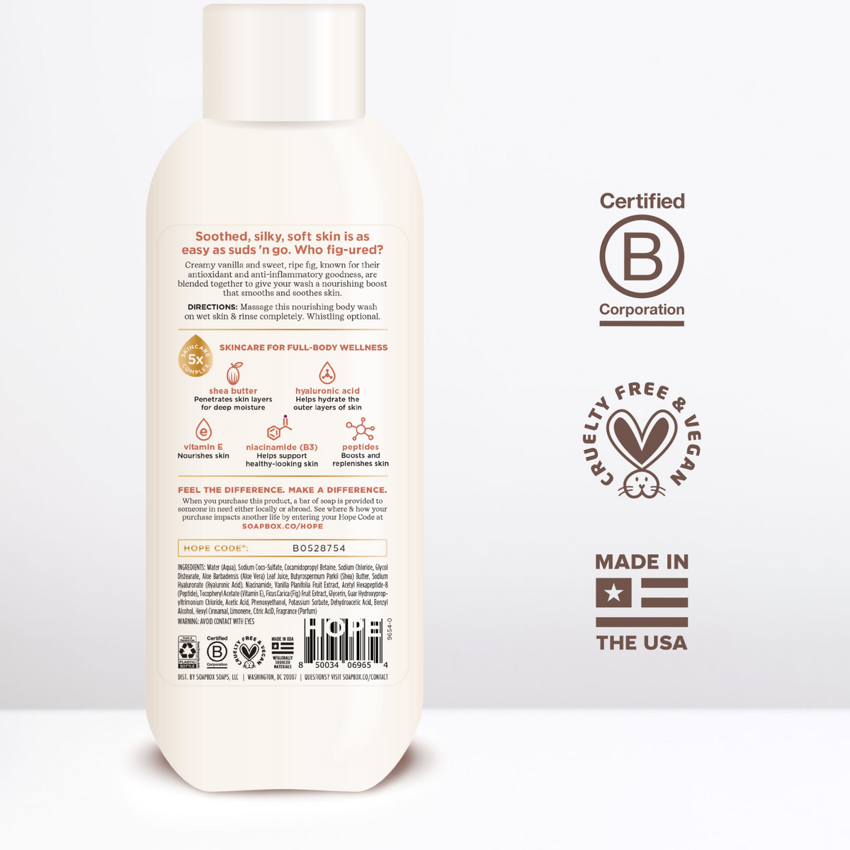 Cream-colored body wash bottle with white cap, displaying ingredient information, B Corporation certification, and "Made in t