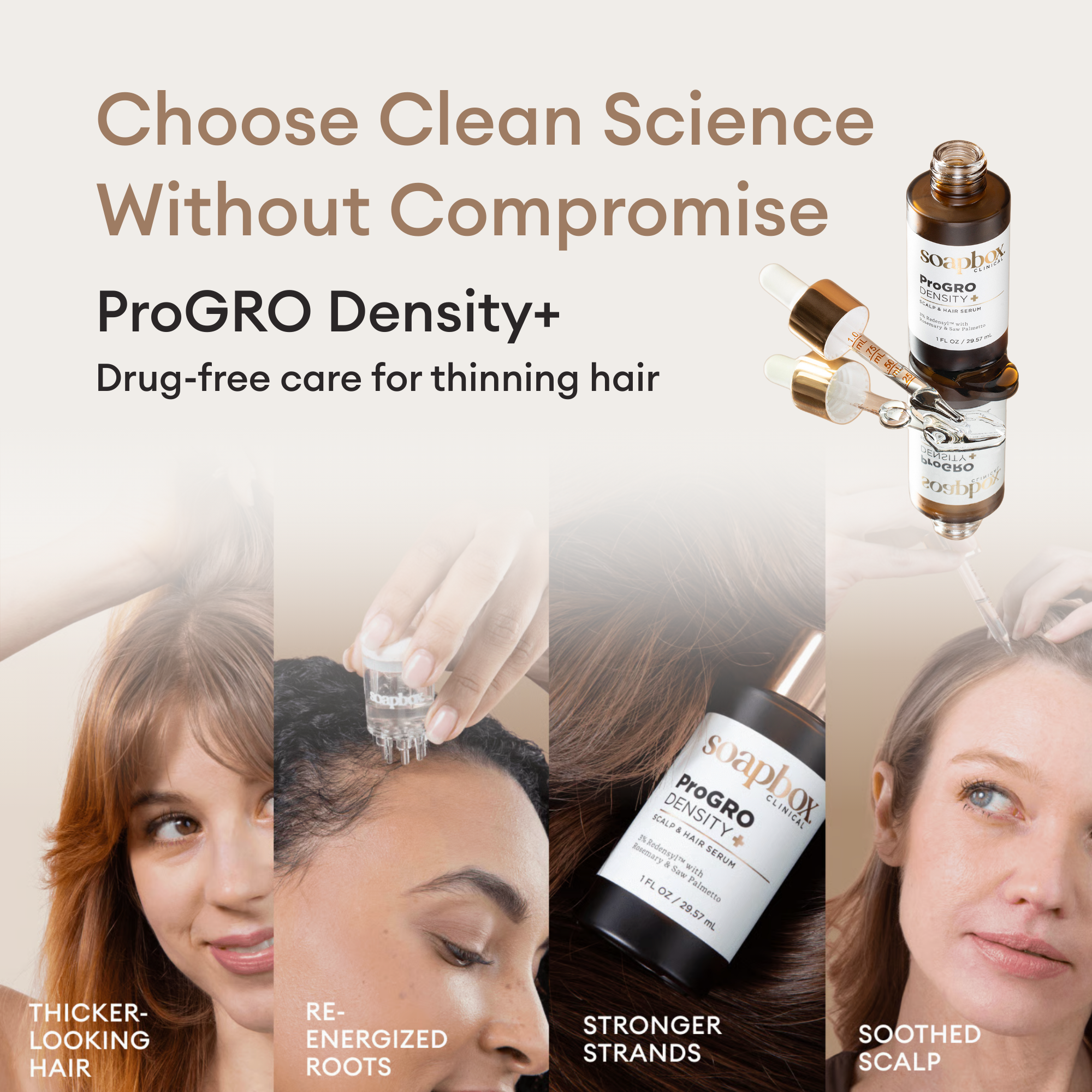 Information about ProGRO Density+ hair care product with text and images of women using the product.