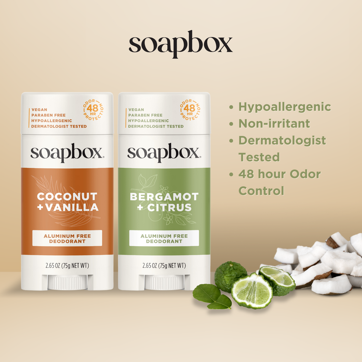 Two Soapbox aluminum-free deodorant sticks in Coconut + Vanilla and Bergamot + Citrus scents with coconut pieces and lime dis