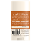 Cream-colored deodorant stick with brown label band containing product information and Hope Code.