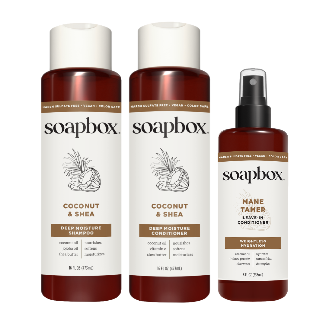 Three Soapbox haircare bottles: deep moisture shampoo and conditioner (16 fl oz each) and mane tamer leave-in conditioner spr