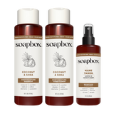 Three Soapbox haircare bottles: deep moisture shampoo and conditioner (16 fl oz each) and mane tamer leave-in conditioner spr