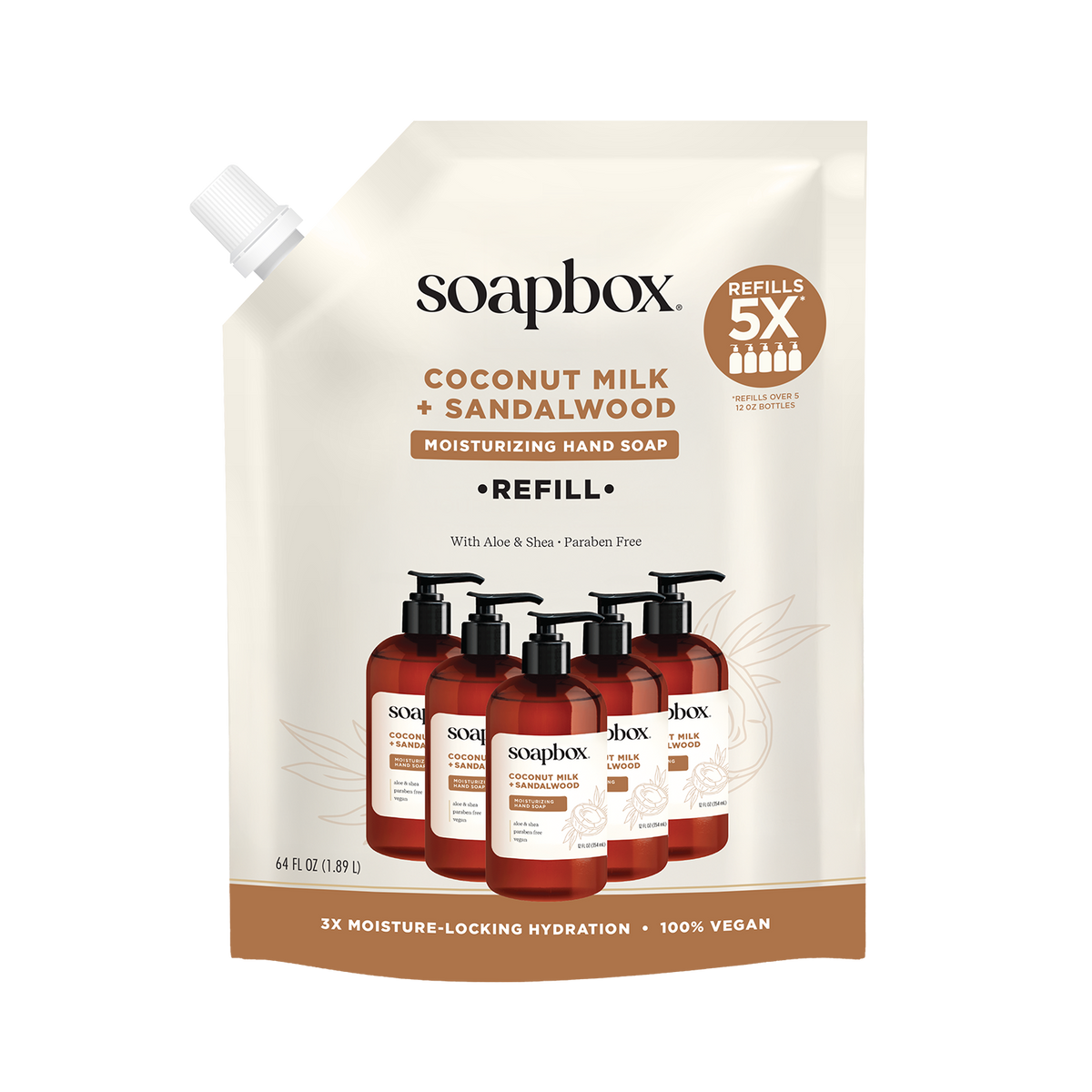 Soapbox coconut milk and sandalwood moisturizing hand soap refill pouch with pump bottle examples displayed.