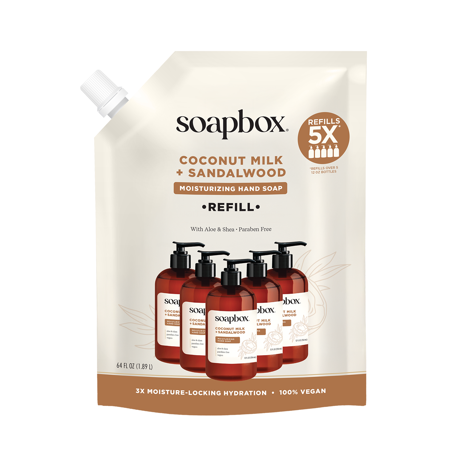 Soapbox coconut milk and sandalwood moisturizing hand soap refill pouch with pump bottle examples displayed.