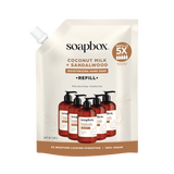 Soapbox coconut milk and sandalwood moisturizing hand soap refill pouch with pump bottle examples displayed.