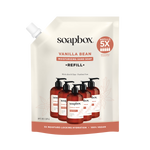 Soapbox Vanilla Bean Moisturizing Hand Soap refill pouch with pump dispenser bottles displayed on front.