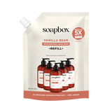 Soapbox Vanilla Bean Moisturizing Hand Soap refill pouch with pump dispenser bottles displayed on front.