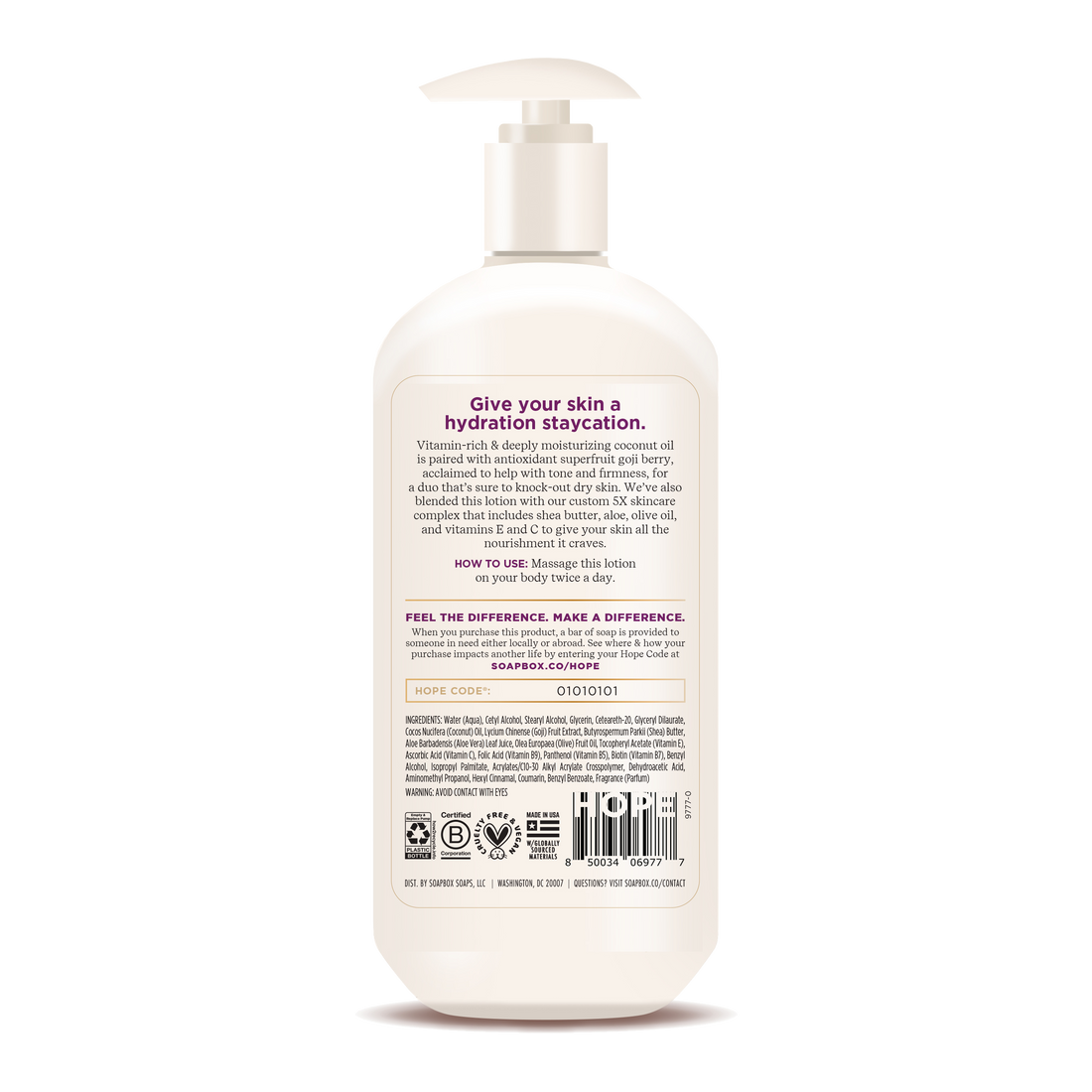 Cream-colored pump bottle of body lotion with beige label featuring product information and ingredient list.