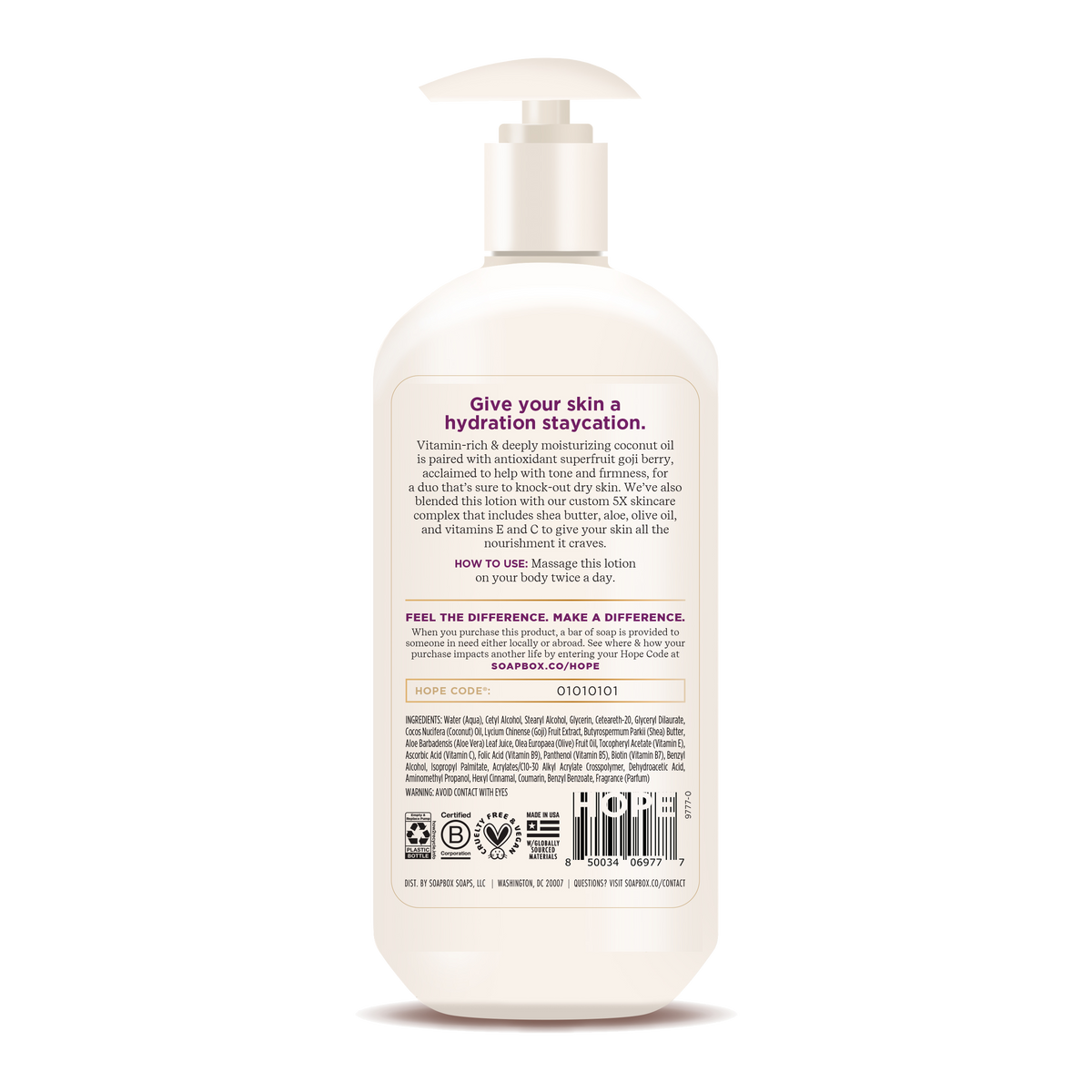 Cream-colored pump bottle of body lotion with beige label featuring product information and ingredient list.