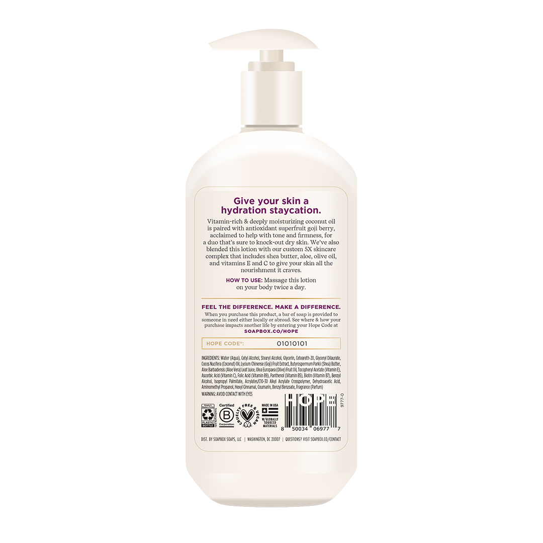 Cream-colored body lotion bottle with pump dispenser and product information label on front.