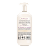 Cream-colored body lotion bottle with pump dispenser and product information label on front.