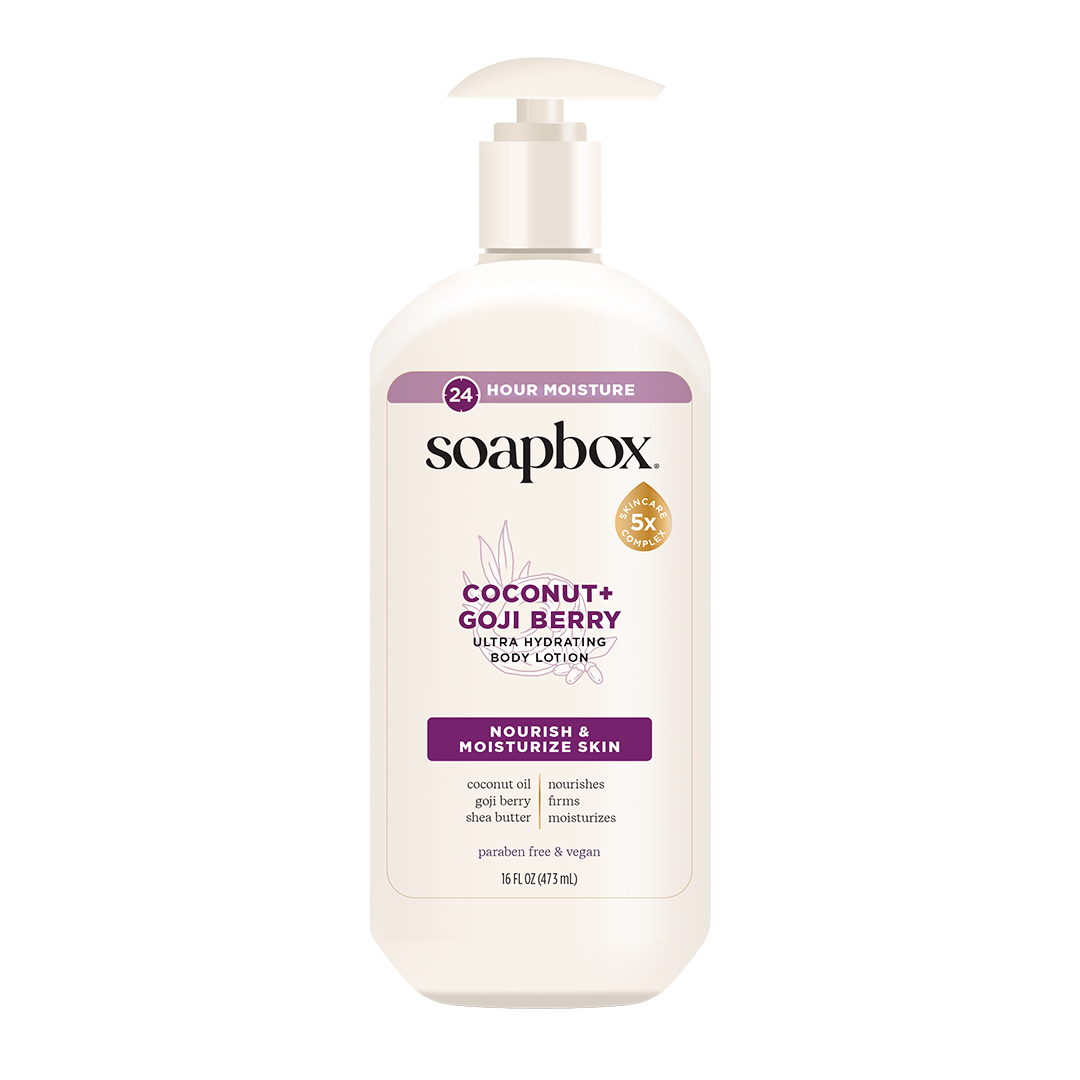Soapbox Coconut + Goji Berry Ultra Hydrating Body Lotion in cream-colored pump bottle with purple label accents.