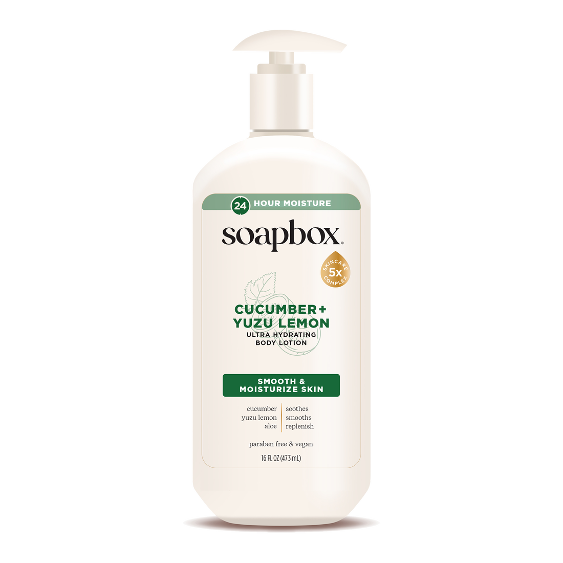 Soapbox Cucumber + Yuzu Lemon body lotion bottle with pump dispenser, 16 fl oz size, cream-colored with green label accents.
