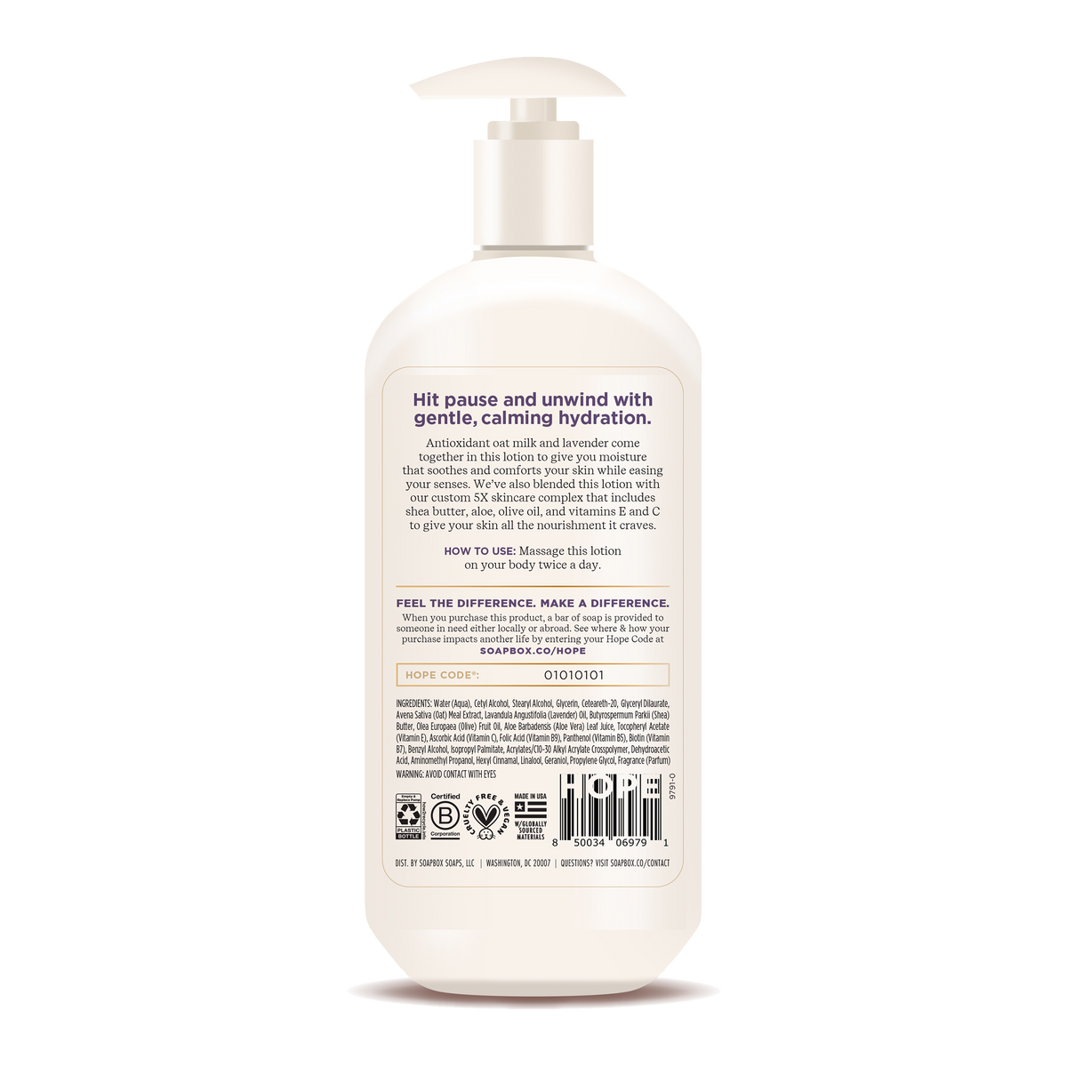 Cream-colored pump bottle of body lotion with label describing oat milk and lavender hydrating formula.
