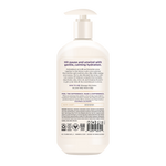 Cream-colored pump bottle of body lotion with label detailing ingredients and usage instructions.