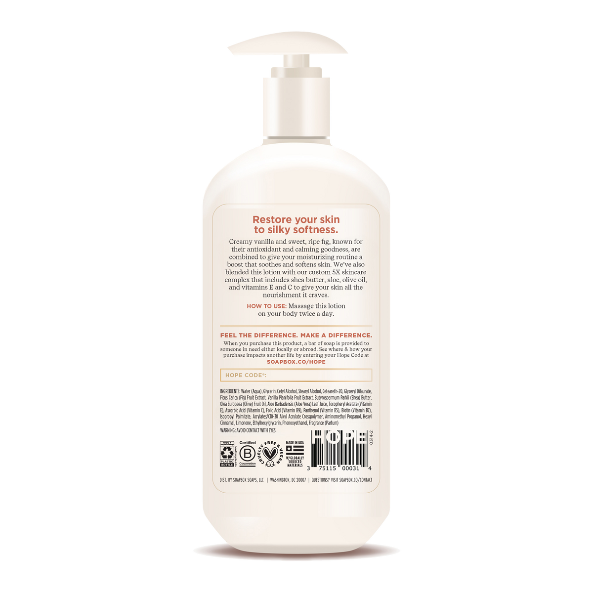 Cream-colored pump bottle of body lotion with beige label containing product information and ingredients list.