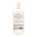 Cream-colored pump bottle of body lotion with beige label and product information text.