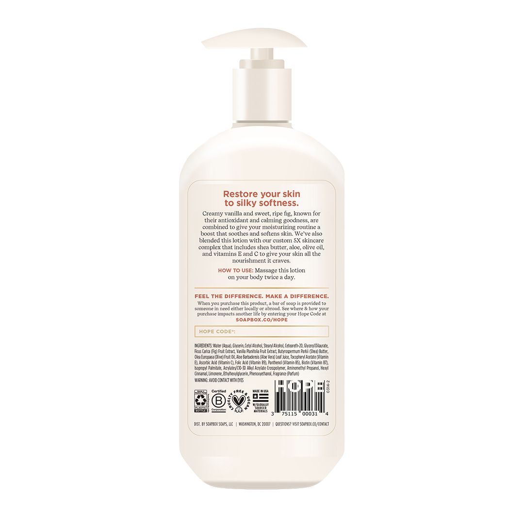 Cream-colored pump bottle of body lotion with beige label and product information text.