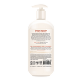 Cream-colored pump bottle of body lotion with beige label and product information text.