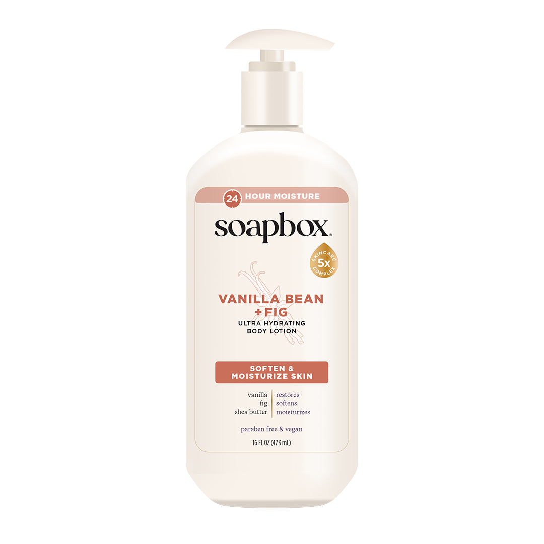 Soapbox Vanilla Bean + Fig Ultra Hydrating Body Lotion in a cream-colored pump bottle with tan and coral label details.