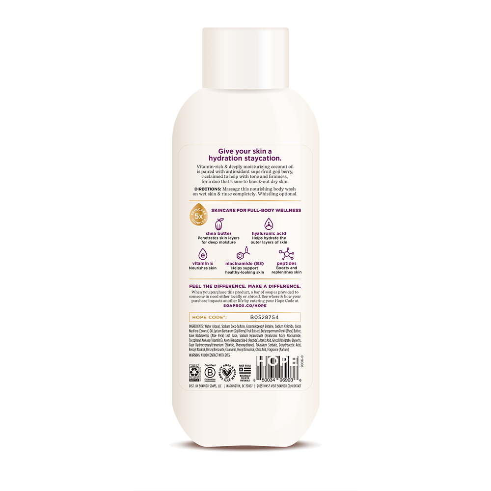 Cream-colored bottle of nourishing body wash with white cap and product information label on front.