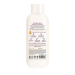 Cream-colored body wash bottle with white cap and printed label featuring product information and ingredient details.