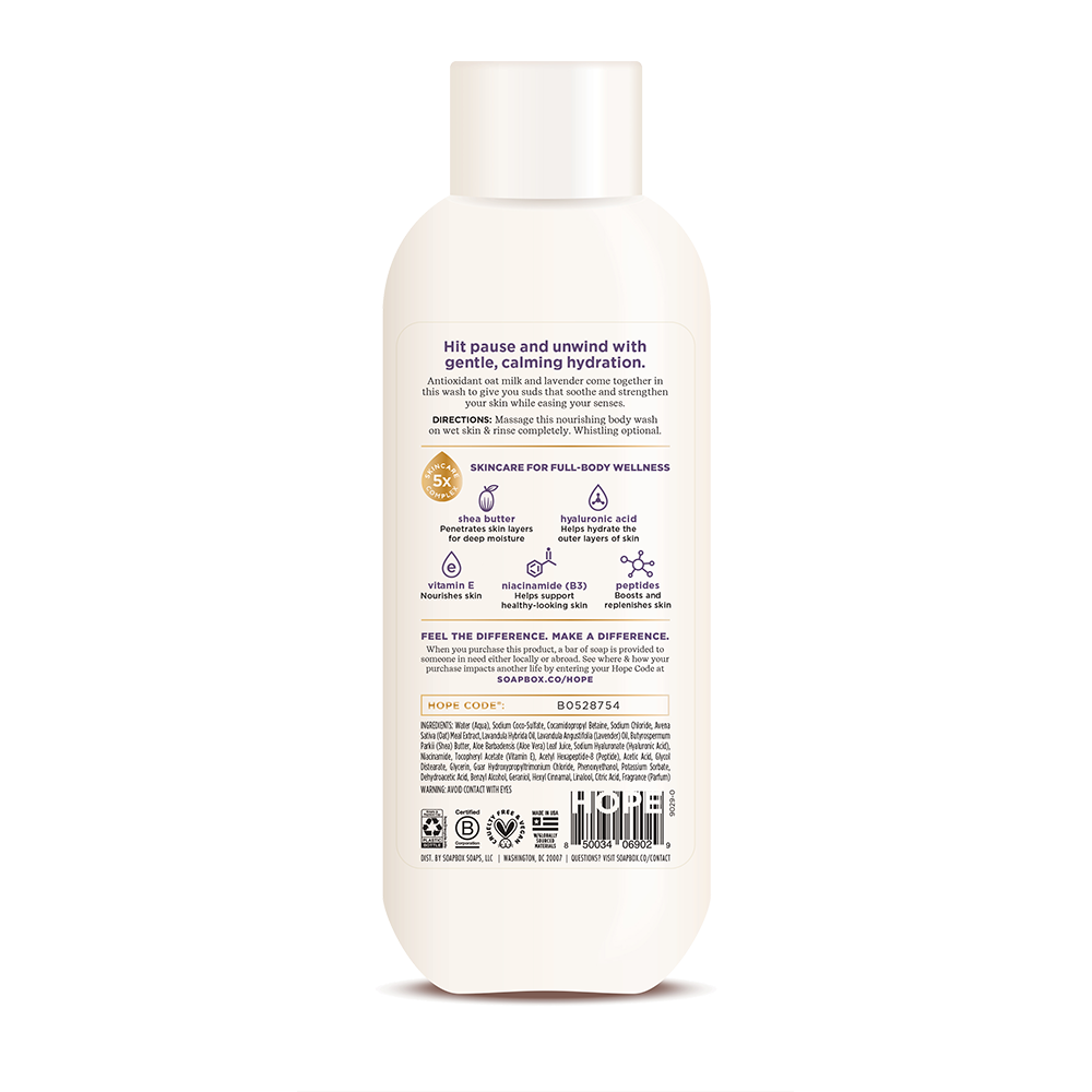 Cream-colored body wash bottle with white cap and product information labels on front and back.