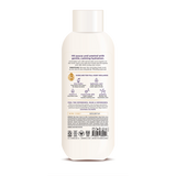 Cream-colored body wash bottle with white cap and product information labels on front and back.