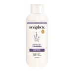 Soapbox Oat Milk + Lavender Hydrating Body Wash in a 20 fl oz cream-colored bottle with purple and gold labeling.
