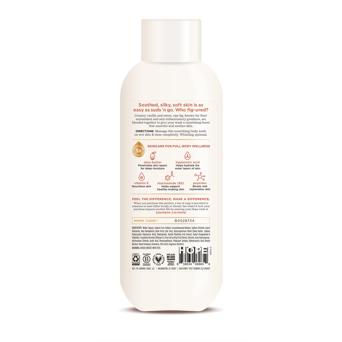 Cream-colored body wash bottle with white cap and product information label on front.