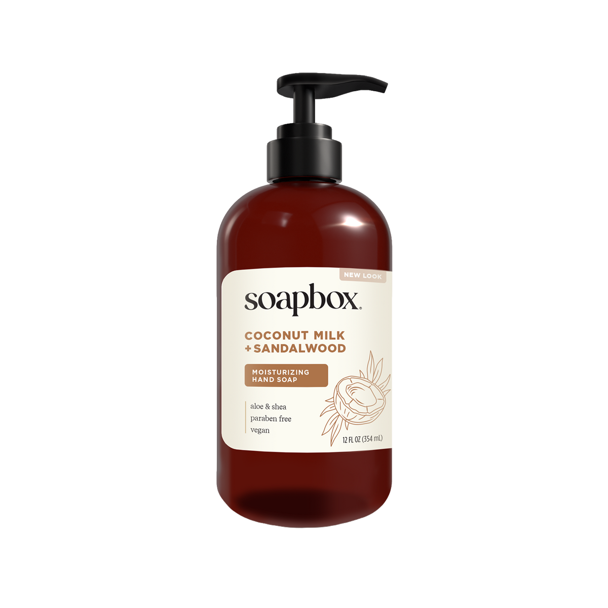 Dark amber bottle of Soapbox Coconut Milk + Sandalwood liquid hand soap with black pump dispenser.