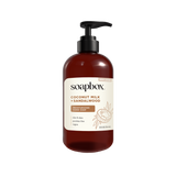 Dark amber bottle of Soapbox Coconut Milk + Sandalwood liquid hand soap with black pump dispenser.