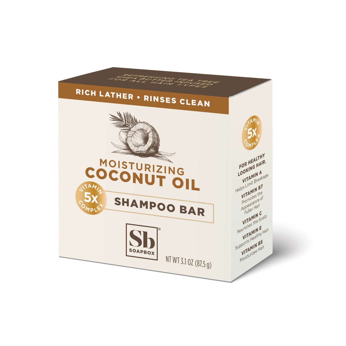 Moisturizing coconut oil shampoo bar in cream-colored box with brown band and coconut illustration, 3.1 oz.