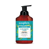 Soapbox foaming hand soap bottle with black pump dispenser, red and teal label featuring aloe water and sage branding, 11 fl 