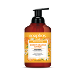 Red and amber bottle of Soapbox Sweet Orange Citrus foaming hand soap with black pump dispenser and orange citrus label.