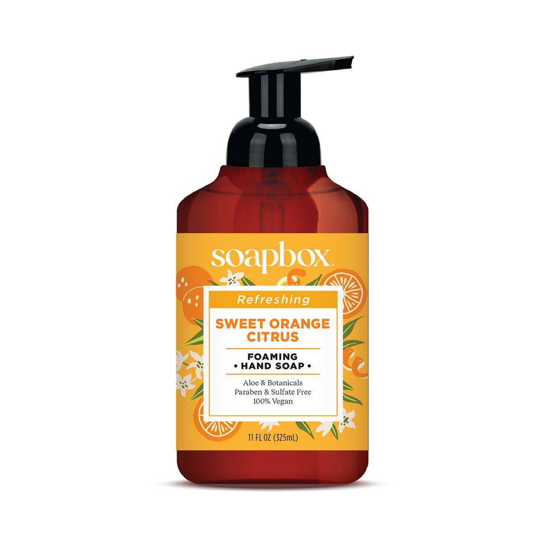 Red and amber bottle of Soapbox Sweet Orange Citrus foaming hand soap with black pump dispenser and orange citrus label.